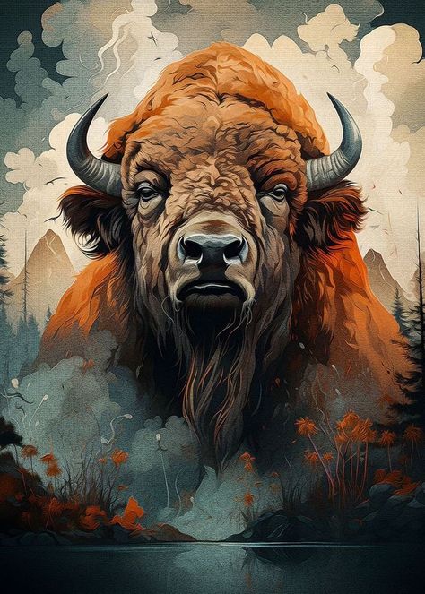 Bison Tattoo Design, Buffalo Painting Acrylic, Abstract Buffalo Art, Bison Reference, Water Buffalo Drawing, Buffalo Portrait, Bison Portrait, Buffalo Illustration, Bison Pictures