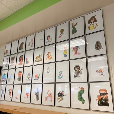 All Characters Welcome Library, Book Character Display, The Book Wrangler, School Library Shelf Decor, Elementary School Library Decorating Ideas, School Library Design Interior, Ireland Library, Elementary School Library Design, Book Themed Classroom