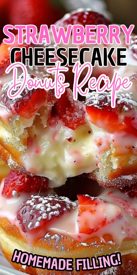 Strawberry Cheesecake Donuts Strawberry Cream Cheese Donut, Cheesecake Donuts Recipe, Strawberry Cheesecake Funnel Cake, Strawberry Cheesecake Stuffed Doughnut, Strawberry Cheesecake Donut, Strawberry Coulis, Easy Cheesecake Recipe, Shortcake Recipes, Cheesecake Recipes Easy