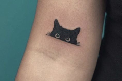 Cat Tattoo Black, 2 Black Cat Tattoo, Small Black Cat Tattoo Ideas, Cat Eyes Tattoo, Cat And Rose Tattoo, Cat Eye Tattoo, Black Cat Cute Tattoo, Small Black Cat Tattoo Simple, Long Tattoo