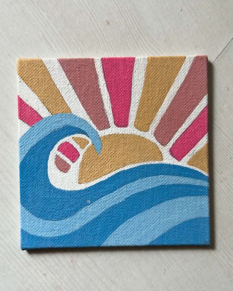 Easy And Simple Painting Ideas, Waves Easy Painting, Waves Canvas Painting Easy, Sand Painting Art Ideas, Easy Wave Painting, Simple Sun Painting Ideas, Canvas Painting Ideas Sunset, Sun Canvas Painting Easy, Ideas Para Cuadros