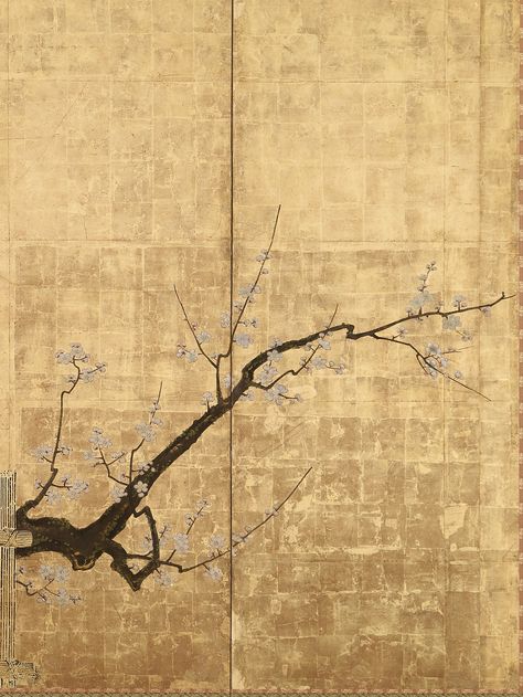 Detail. Blossoming Plum and Camellia in a Garden Landscape. Japanese folding Screen (six-panel). Artist: Koi. Edo period. Freer. Botanical Sketchbook, Deco Paint, Japanese Tree, Japanese Art Styles, Japanese Screen, Gold Leaf Art, Art Deco Wallpaper, Folding Screen, Art Japonais