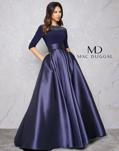 Midnight Blue Couture Dress with Sleeves - back Satin Sleeves, Blue Evening Gowns, Evening Gowns With Sleeves, Long Sleeve Evening Gowns, A Line Evening Dress, 파티 드레스, Evening Dresses Online, Chique Outfits, Evening Dresses With Sleeves