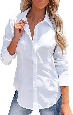 Amazon.com : white collared shirt Shirt Wrinkles, Black Button Up Shirt, Corset Tops, Work Formal, Women's Button Down Shirt, Shirts Long Sleeve, Fitted Dress Shirts, White Button Down Shirt, Fitted Blouses