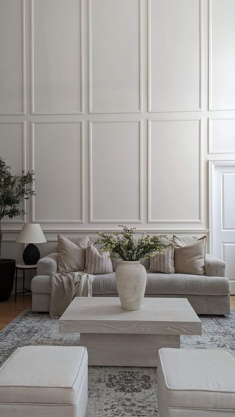 Wainscoting Cathedral Wall, High Ceiling Panelling, Double Height Panelling, Wall Moulding Tall Ceiling, Elegant Wall Paneling, Waincosting Design Living Room, Tall Living Room Wall Decor Ideas, Tall Ceiling Accent Wall, Decorate Tall Walls High Ceilings