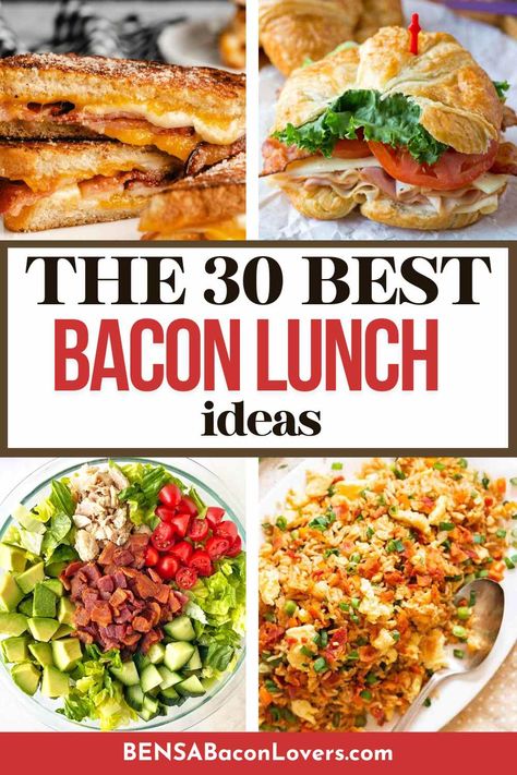 Two bacon sandwiches, a green salad with chicken and bacon, and bacon fried rice. Bacon Recipes For Dinner Sandwiches, Lunch With Bacon Ideas, Turkey Bacon Lunch Ideas, Bacon Lunch Recipes, Lunch Ideas With Bacon, Lunch Recipes With Bacon, Bacon Recipes For Lunch, Bacon Meal Ideas, Bacon Breakfast Sandwich Recipes