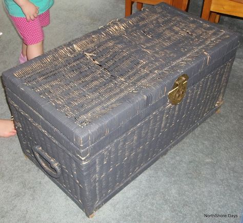 NorthShore Days.....: Wicker Chest Rescue Wicker Trunk Makeover, Wicker Chest Makeover, Wicker Storage Trunk, Trunk Makeover, Chest Makeover, Old Wicker, Wicker Chest, Festival Boots, Wicker Box