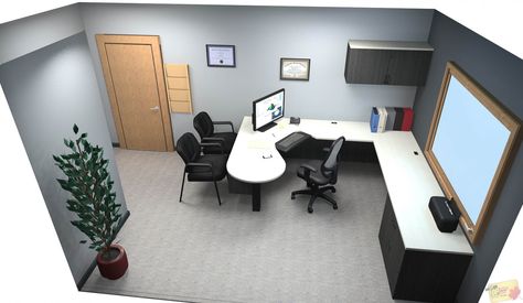 Office with U-shape Desk. Combination of dark and light Laminate. #office #officedesign #kitofficeplus #officedesk Office Organizing, L Shaped Office Desk, Office Idea, L Desk, Staff Room, Office Layout, Dark And Light, Design Board, Office Desks