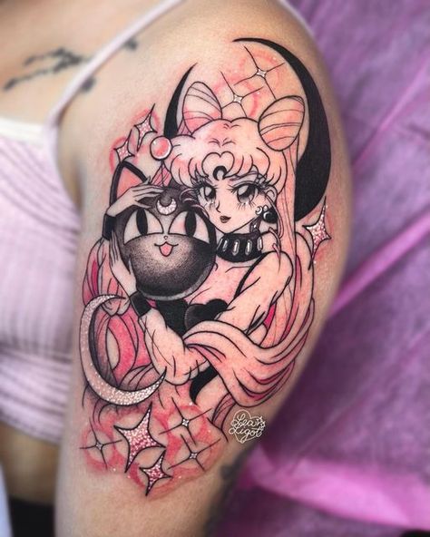 Dark Sailor Moon Tattoo, Black Lady Tattoo Sailor Moon, Black Lady Tattoo, Tatuaje Sailor Moon, Luna Sailor Moon Tattoo, Moon Shoulder Tattoo, Drainer Core, Sailor Moon Black Lady, Black Lady Sailor Moon