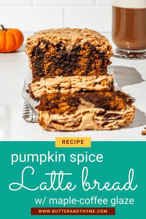 It may be basic, but I absolutely LOVE pumpkin spice lattes. I also love moist pumpkin bread. This pumpkin spice latte bread is the best of both worlds. Strong coffee is added to half of the pumpkin batter and swirled to create a marble look and a balanced flavor that's not sweet or too bitter from the coffee. It's like the texture of super moist banana bread but packed with pumpkin spice and coffee flavor to taste just like a PSL! Then topped with a simple streusel and a maple coffee glaze! Coffee Loaf Cake, Coffee Loaf, Super Moist Banana Bread, Maple Coffee, Coffee Bread, Bakery Treats, Moist Pumpkin Bread, Pumpkin Loaf, Bake Sale Recipes