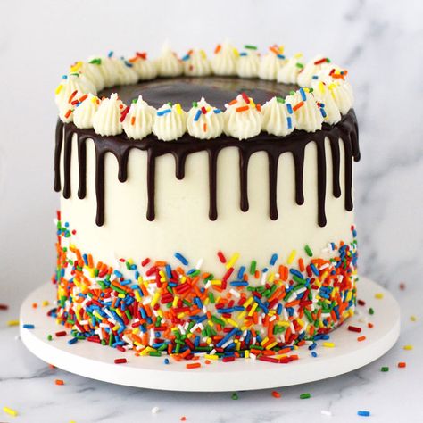 Celebrate a special birthday with this Sprinkle Birthday Cake. This deliciously moist white cake is frosted with homemade buttercream, topped with chocolate ganache drips and is decorated with lots of rainbow colored sprinkles. Boy Sprinkle Cake, Chocolate Birthday Cake Kids, Fun Birthday Cakes, Sprinkle Birthday Cake, Sprinkle Birthday, Key Lime Cupcakes, Bolo Rapunzel, Kids Birthday Cakes, Kids Birthday Cake