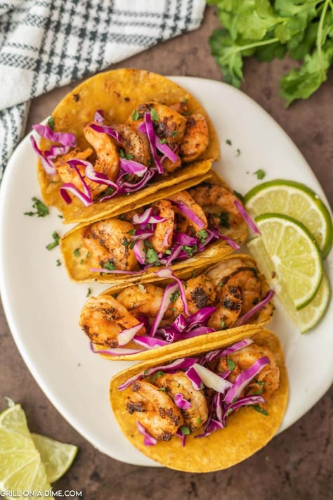 Blackstone Shrimp Tacos - grillonadime.com Blackstone Shrimp, Cooking Raw Shrimp, Hibachi Shrimp, Grilled Seafood Recipes, Grilled Shrimp Skewers, Blackstone Recipes, Shrimp Taco Recipes, Grilled Salmon Recipes, Cooking Stone