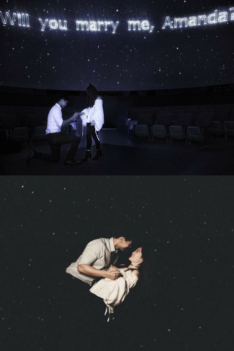 Starry Night Proposal, Proposal Under The Stars, Star Engagement Photos, Planetarium Engagement Photos, Couple Looking At The Stars, Planetarium Proposal, Griffith Observatory Proposal, Space Observatory, Grilling Gifts