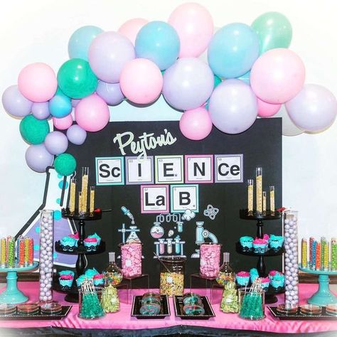 Take a look at this cute Science Birthday Party! Love the dessert table. See more party ideas and share yours at CatchMyParty.com #catchmyparty #partyideas #scienceparty #girlbirthdayparty Science Lab Decorations, Science Party Decorations, Science Themed Party, Science Birthday Party Ideas, Scientist Birthday Party, Mad Scientist Birthday, Science Birthday Party, Mad Science Party, Scientist Birthday