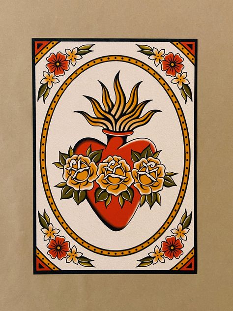 Traditional Tattoo Border Design, American Traditional Anatomical Heart Tattoo, Trad Sacred Heart Tattoo, American Traditional Art Paintings, American Traditional Prints, Tattoo Flash Border, Traditional Sacred Heart Tattoo Design, Sacred Heart Tattoo Color, American Traditional Border