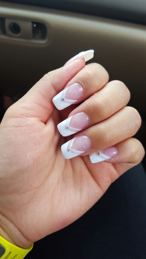 Double V French with rhinestone V French Nails, V French Tip Nails, V French Tip, Nails By Skin Tone Range, Spa Gift Card, White French Tip, Daisy Nails, French Nail Designs, Pretty Nail Art Designs