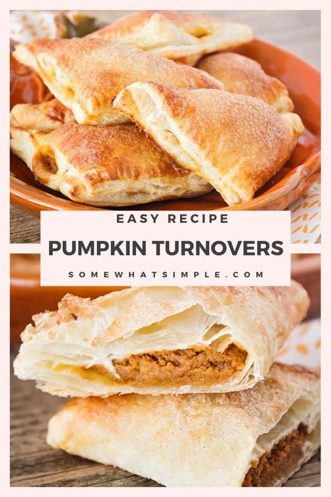 Pumpkin turnovers are the perfect dessert pastry to enjoy during the fall. They're easy to make and turn out soft and flaky every time! You can enjoy them for breakfast, brunch or just an afternoon snack and guaranteed to put a smile on your face. via @somewhatsimple Turnovers With Pie Crust, Pumpkin Turnovers, Pumpkin Pastries, Pie Turnovers, Pumpkin Pastry, Phyllo Recipes, Classic Pumpkin Pie, Pastries Recipes Dessert, Turnover Recipes