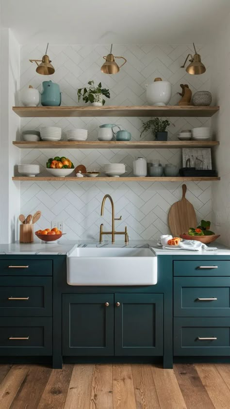 Create a clean, minimalist look with simple, streamlined shelves. Use floating shelves to keep the space light and airy, and choose neutral colors for a cohesive feel. Display only your essential and most beautiful items. #MinimalistShelves #ModernDecor #KitchenDesign #DiningRoomIdeas #FloatingShelves Kitchen Sink With Shelves Above, Open Shelves Above Kitchen Sink, Shelf Ideas For Kitchen, Shelving Above Kitchen Sink, Shelves Over Kitchen Sink, Shelves Above Kitchen Sink, Kitchen Sink Wall No Window, Shelves Above Sink, Shelf Over Sink