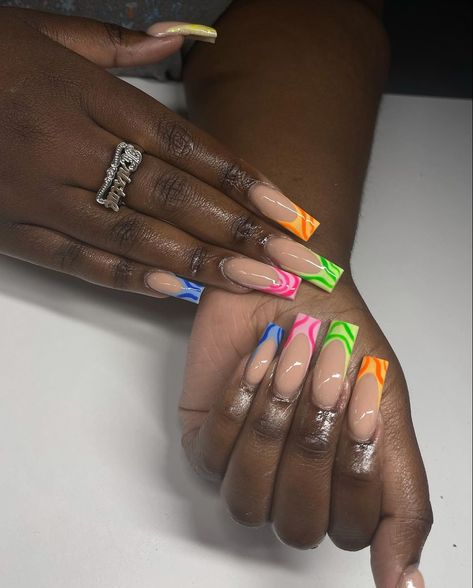 Short Rave Nails, Cute French Tip Nails Acrylic Long, Rave Acrylic Nails, Festival Nails Square, Bright Summer Acrylic Nails Coffin Short, Rave Nails Short, Rave Nails Acrylic Festival, Festival Nails Acrylic, Multicolor Funky Jewelry For Festivals