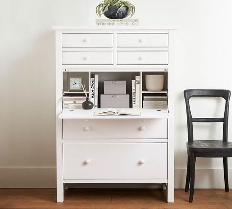 Farmhouse 40" Secretary Desk with Drawers | Pottery Barn Office Redo, Drop Down Desk, Meranti Wood, Upholstered Desk Chair, Small Workspace, Quilt Studio, Trend 2023, Secretary Desk, Dovetail Joinery