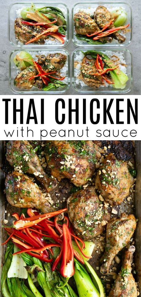 Thai Chicken with Bok Choy- Marinated in a rich and creamy peanut sauce, this easy and delicious oven-baked Thai Chicken Recipe with Bok Choy is a year-round family favorite. #thaichicken #thaifood #peanutsauce #chickensatay #mealprep #chickenmealprep #easydinneridea #dairyfree #bokchoy #sheetpan #bakedchicken | For this recipe and more visit, https://theforkedspoon.com/thai-chicken/ via @theforkedspoon Chicken Rice Bokchoy, Thai Chicken Recipe, Pumpkin Spice Donut Holes, Peanut Sauce Chicken, Thai Chicken Recipes, Homemade Mozzarella Sticks, Crescent Roll Pizza, Banana Split Dessert, Baked Chicken Tacos