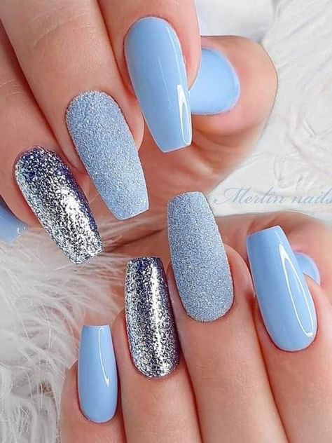 Nail Art Baby Blue, Merlin Nails, Sky Colour, Summer Nails Colors Designs, Blue Coffin Nails, Light Blue Nails, Baby Blue Nails, Blue Acrylic Nails, Coffin Shape Nails