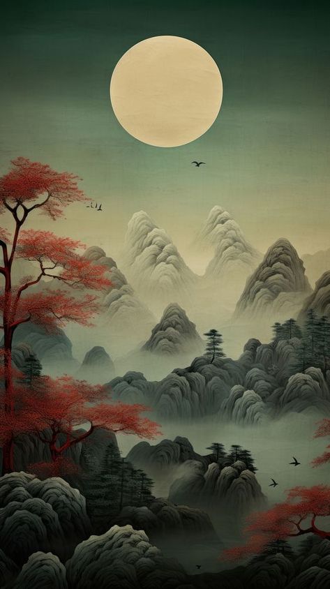 Wallpaper Outdoors, Outdoors Painting, Nature Wallpaper Iphone, Iphone Wallpaper Dark, Japanese Background, Japanese Wallpaper, Japanese Animals, Dark Aesthetics, Wallpaper Iphone Wallpaper