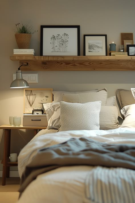 Inspiring Bedroom Wall Decor Ideas: 13 Designs To Try - DreamyHomeStyle Floating Shelf Over King Bed, Shelf For Bedside Table, Floating Picture Shelf Bedroom, Shelving Bedroom Wall, Art Ledge Above Bed, One Long Floating Shelf Bedroom, Hanging Shelf Bedroom, Ikea Shelves Over Bed, Shelf With Picture Frames Above Bed