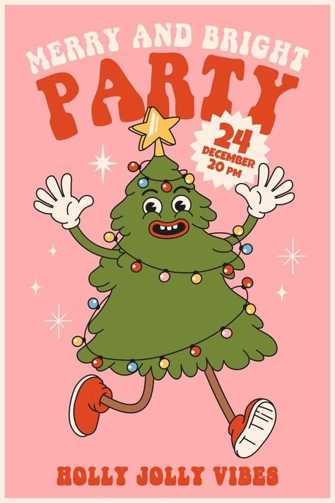 Merry Christmas and Happy New year. Christmas tree in trendy retro cartoon style. Christmas Advertising Design, Merry Christmas Drawing, Retro Cartoon Style, New Year Christmas Tree, Christmas Advertising, Cartoon Christmas Tree, Christmas Graphic Design, Holiday Cartoon, Graphic Design Cards