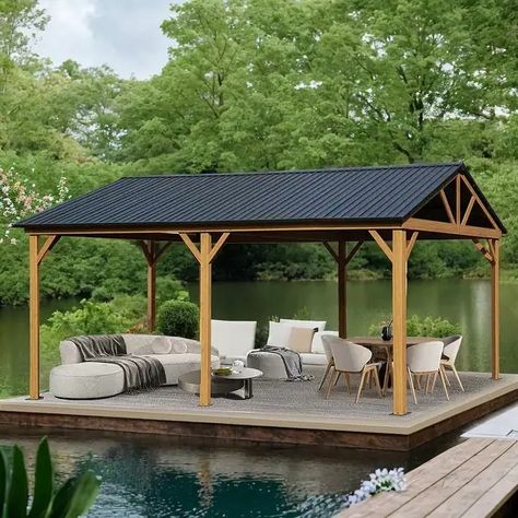 12x20ft Hardtop Gazebo Galvanized Steel Gable Roof Pergola with Wood Grain Aluminum Frame Outdoor Permanent for Patio - Bed Bath & Beyond - 38295438 Wood Pergola With Roof, Farmhouse Back Patio, Gable Roof Pergola, Lake House Backyard, Deck Gazebo, Patio Bed, Carport Ideas, Lake Property, Gazebo On Deck