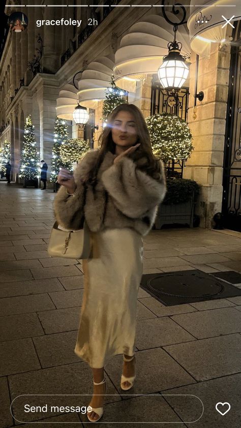 Silk Dress With Fur Coat, Fur Coat Formal Dress, Fur Coat And Dress Outfit, Glamour Winter Outfit, Elegant New Years Outfit, Tan Fur Jacket Outfit, Satin Dress With Long Fur Coat, Fur Coat Outfit Dressy, Crop Fur Coat Outfit