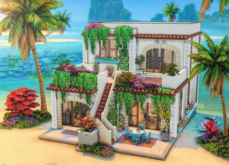 Meditterean House Bloxburg, Sims Tropical House, Tropical House Sims 4, Summer House Sims 4, Sims 4 Creative Build Ideas, Sims 4 Mexican House, Sims 4 Spanish Style House, Bloxburg Tropical House, Tropical Bloxburg House