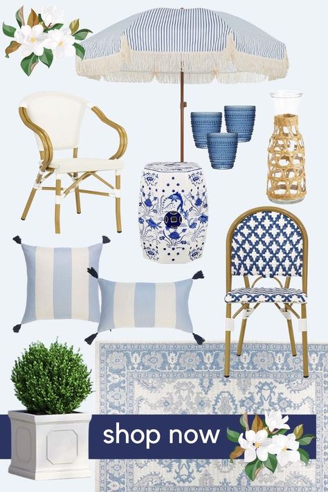 Grand millennial outdoor patio blue and white Coastal Outdoor Patio, Coastal Patio Ideas, Blue Patio Decor, Grand Millennial Home, Grand Millennial Style, Coastal Patio, Amazon Home Finds, Blue Patio, Beach House Interior Design