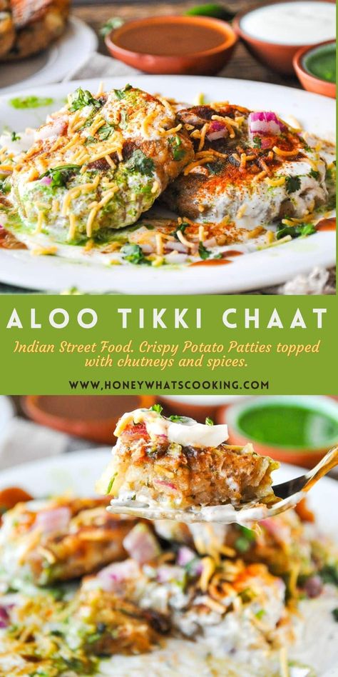 Aloo Tikki Chaat Pakistani Vegetarian Recipes, Aloo Tikki Chaat, Potato Patty, Kachori Recipe, Potato Diet, Aloo Tikki, Cilantro Chutney, Whats Cooking, Indian Appetizers