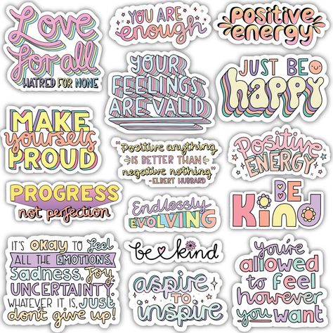 Positivity Phrases Sticker 15 Pack. Great To Decorate Water Bottles, Laptops, Phone Cases, Coolers, Car Windows, Journals, Notebooks, Planners, Bikes, Skateboards, Kayaks, And More. This Pack Is A Part Of Our Positivity Collection And Will Serve As Wonderful Positive Reinforcement For Any Occasion! Details: Made In The U.S.A. High Quality And Durable Vinyl, Indoor And Outdoor Use Waterproof And Weather Resistant We Are Committed To Donated $1, 000 A Year To The Mental Health Awareness Charity Ac Book Diy Ideas, Book Aesthetic Sticker, Sticker Collection Book, Chapell Roan, Transfer Art, Sticker Inspiration, Procreate Ideas, Scrapbook Quotes, Motivational Sticker