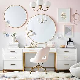 Small Room Makeover Ideas Bedroom, Vanity Ideas Bedroom Small Simple, Feminine Home Office Classy Chic, Modern Teen Room Girl, Teen Farmhouse Bedroom Girl, Teen Bedrooms Girls Ideas, Girls Bedroom Desk Ideas, Pottery Barn Teen Girl Bedroom, Cute Room Designs