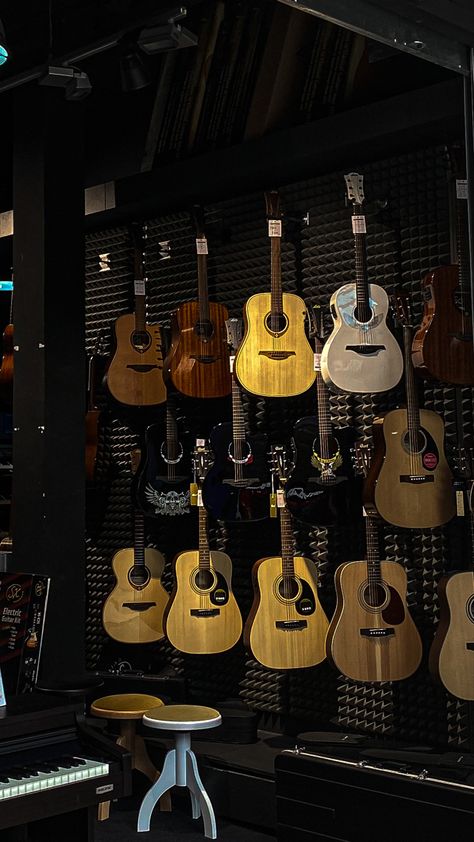 Music Collection Aesthetic, Guitar Collection Room, Music Store Aesthetic, Music Store Design, Instrument Room, Teardrops On My Guitar, Music Silhouette, Guitar Crafts, Guitar Drawing