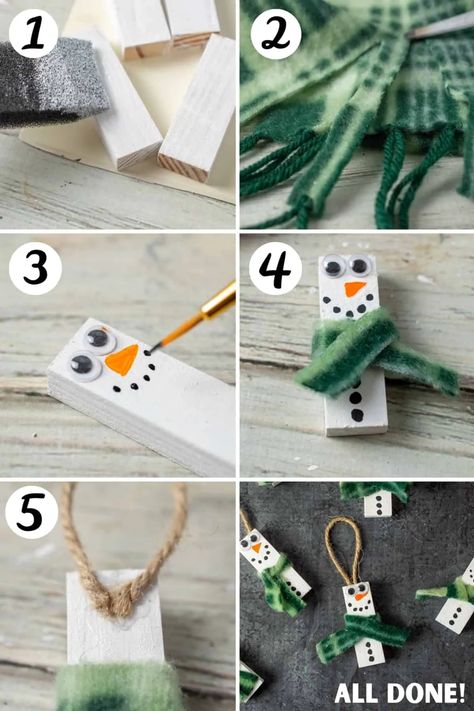 These adorable handmade wood block snowman ornaments are easy and inexpensive to make using supplies from your local Dollar Tree store. Wood Block Snowman, Block Ornaments, Block Snowman, Diy Snowman Ornaments, Wood Block Crafts, Diy Christmas Tree Ornaments, Diy Snowman, Dollar Tree Christmas, Diy Ornaments