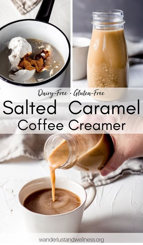 This homemade dairy-free salted caramel coffee creamer brings forth the perfect balance between sweet and a hint of salted with its salted caramel flavoring. Easy to make with three simple ingredients. #dairyfree #dairyfreecoffeecreamer #homemadecoffeecreamer #saltedcaramel Homemade Creamer Non Dairy, Healthy Caramel Coffee Creamer, Almond Milk Caramel Coffee Creamer, Homemade Creamer Caramel, Coffee Creamer Recipe Non Dairy, Coffee Creamer Homemade Non Dairy, Dairy Free Coffee Creamer Recipes, Homemade Salted Caramel Coffee Creamer, Diy Dairy Free Coffee Creamer