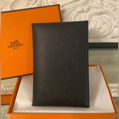 Brand New Authentic Hermes Calvi Card Holder Wallet Epsom Calfskin Leather Black Hermes Calvi, Ribbon Bag, Box Ribbon, Hermes Box, Hermes Handbags, Card Holder Wallet, Calf Skin, Card Holder, Ribbon