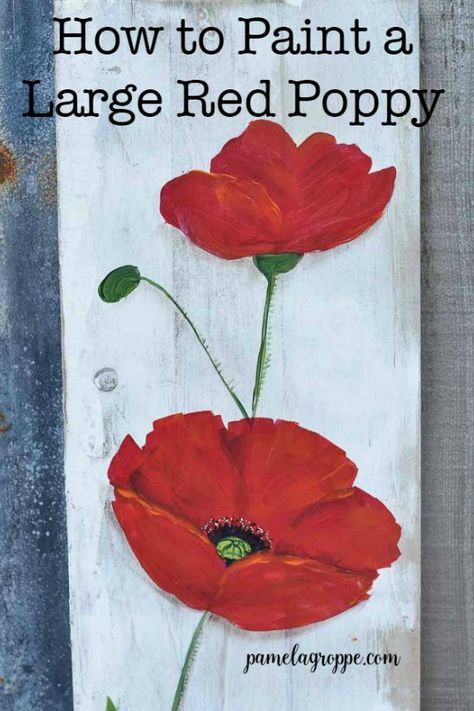 Learn how to paint a large red poppy. Easy, beginner friendly painting lesson for poppy flowers. Paint larger than life with easy and you can paint DIY signs, canvas paintings and on rustic wood. Enjoy painting with larger brushes in acrylics for a fun relaxing experience. #diyart #acrylics #paintinglesson Flowers Painting Easy, Dvd Craft, Painted Fence, Red Poppy Painting, Poppy Flower Painting, Painting Poppies, Easy Art Lessons, Simple Oil Painting, Acrylic Painting Flowers