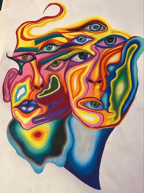 Distortion Art Painting, Colorful Face Painting Acrylic, Abstract Eye Art, Colorful Face Drawing, Distortion Art Drawing, Opposite Art, Distortion Art, Psychadelic Art, Canvas Drawings