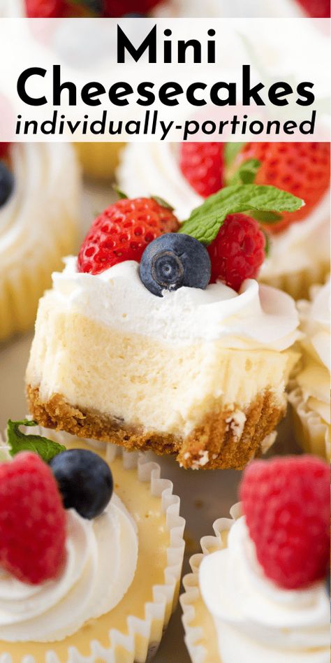 Get ready to wow your friends, family and party guests with the best mini cheesecakes you’ve ever tasted! Topped with whipped cream and fresh fruit to complement the rich, tangy cheesecake flavor, these individually-portioned mini cheesecakes are everything you love about cheesecake, but are ready in half the amount of time! Individual Cheesecake Recipes, Cheesecake Recipes Easy Homemade, Cheesecake With Whipped Cream, Mini Cheesecakes Easy, Individual Cheesecakes, Mini Cheesecake Recipes, Cheesecake Cupcakes, Easy Cheesecake Recipes, Mini Cheesecakes