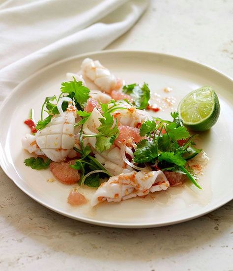 Australian Gourmet Traveller recipe for calamari, pomelo and chilli salad. Work Salads, Chilli Salad, Salad Gourmet, Calamari Recipes, Squid Recipes, Seafood Diet, Menu Recipes, Best Seafood Recipes, Chilli Recipes