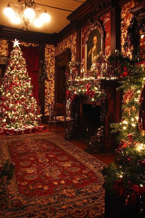 100+ Old Christmas Aesthetic Ideas That Look Straight Out Of A Vintage Postcard Victorian Christmas Wedding, Royal Christmas Aesthetic, Christmas Magic Aesthetic, English Christmas Aesthetic, Multiple Christmas Trees Together, Foyer Christmas Decor Entryway, Christmas Aesthetic Dark, Timeless Christmas Decor, Old Time Christmas Decorations