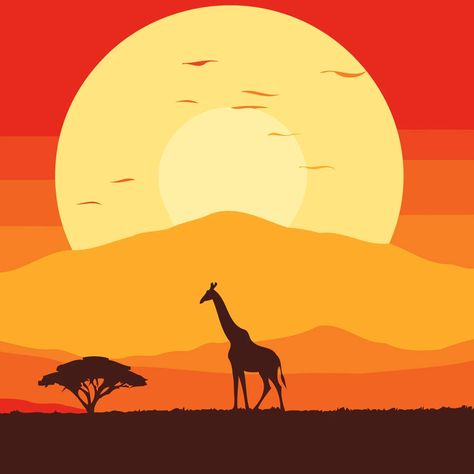 Silhouette of a giraffe in an African sunset savanna scene Giraffe Silhouette, African Savanna, Serene Landscape, Golden Glow, Red Sky, Nature Wildlife, Paint By Numbers, Paint By Number, Acrylic Paints