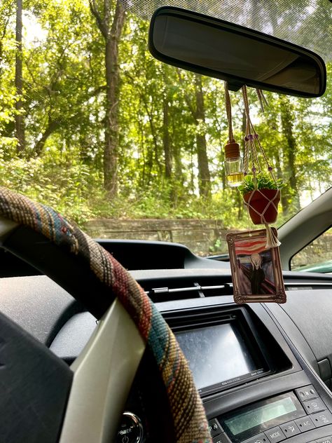 Car Interior Painting, Car Steering Wheel Cover Aesthetic, Fall Car Aesthetic, Car Interior Decor Aesthetic Green, Spiritual Car Decor, Nature Car Decor, Brown Car Decor, Granola Girl Car Decor, Car Interior Decor Boho