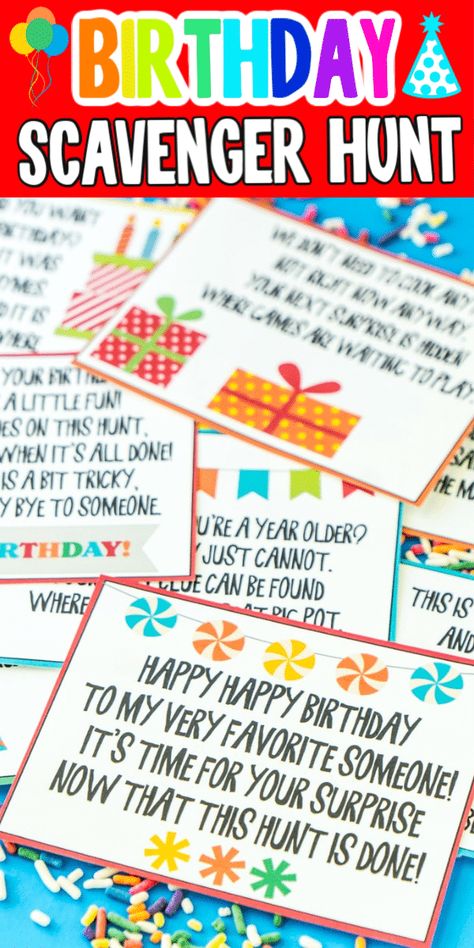 This birthday scavenger hunt is one of the most fun birthday ideas for kids or for adults! And with tons of free printable clues and riddles, you can add gifts all along the way! It’s the perfect surprise for girls, boys, and any age! Scavenger Hunt Clues For Birthday Gifts, Scavenger Hunt For Birthday Gift, Birthday Party Scavenger Hunt Kids, Indoor Scavenger Hunt For Adults, Birthday Scavenger Hunt For Adults, Birthday Scavenger Hunt Kids, Birthday Scavenger Hunt Clues, Birthday Treasure Hunt Clues, Scavenger Hunt For Adults