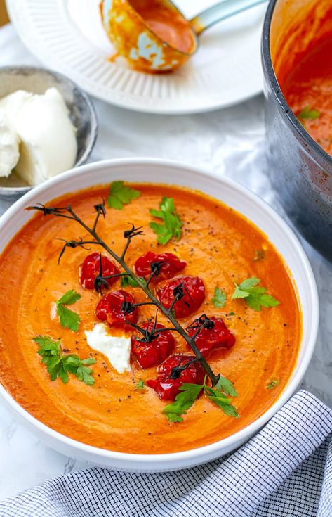 Roasted tomato soup with mascarpone cream cheese - silky, smooth and very flavorful. This homemade tomato soup is gluten-free, grain-free and vegetarian. #tomatoes #cherrytomatoes #tomatosoup #soups #soup #mascarpone #glutenfree #healthy Gluten Free Lasagna Soup, Cherry Tomato Soup, Healthy Fall Soups, Sweet Soup, Keto Success, Roasted Tomato Soup, Keto Crockpot Recipes, Mascarpone Cream, Fall Soup Recipes