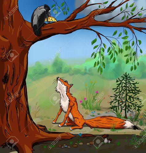 Illustration Of Crow With The Cheese And The Fox. Cartoon From.. Stock Photo, Picture And Royalty Free Image. Image 59703562. Crow Illustration, Fox Cartoon, School Wall Art, Moral Stories, Cartoon Images, Folk Tales, The Fox, A Cartoon, Vector Pattern